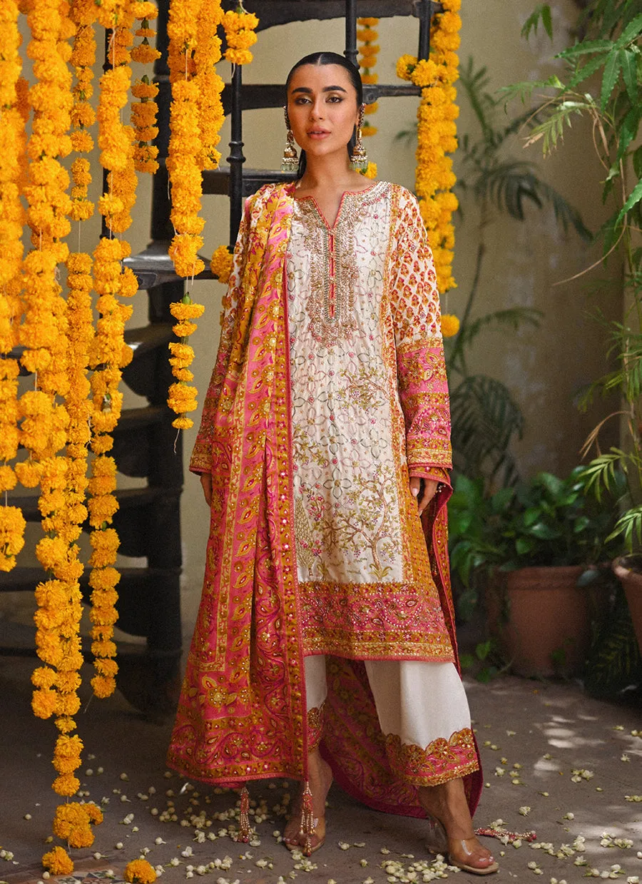 Twila Ivory hand worked kurta, Izaar, with block printed embellished dupatta