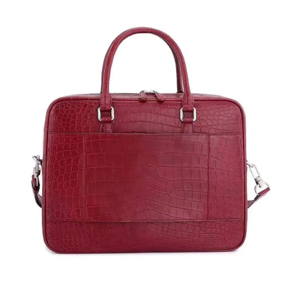 Unisex Crocodile Leather Laptop Briefcase with Pass Through Trolley Handles Red