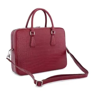 Unisex Crocodile Leather Laptop Briefcase with Pass Through Trolley Handles Red