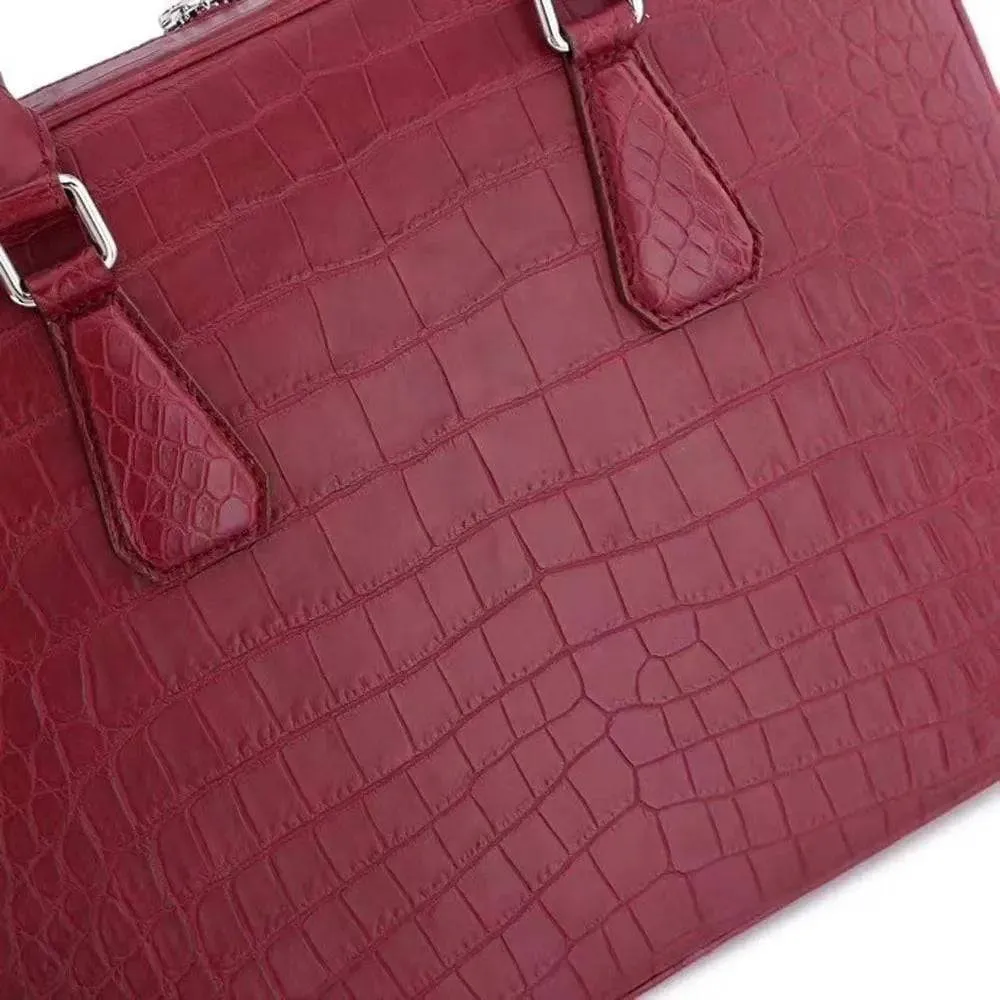 Unisex Crocodile Leather Laptop Briefcase with Pass Through Trolley Handles Red