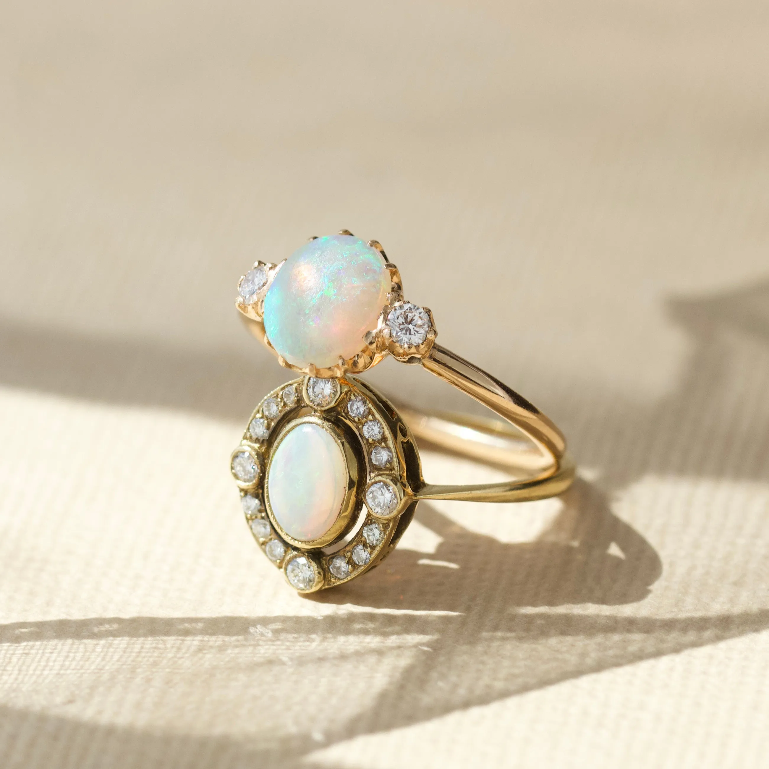 Vintage 18k Solid Yellow Gold Opal and Diamond Ring - UK Size N