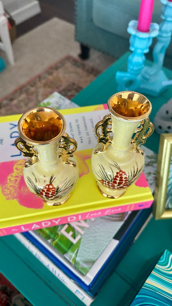 Vintage Bud Vases, Yellow & Gold Pine Cone Motif, Hand Painted