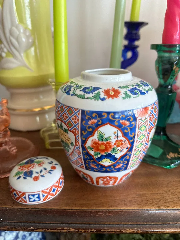 Vintage Ginger Jar, Imari Style, Maroon, Green, Blue, Yellow on White Background, Japan,