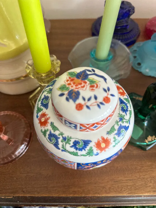 Vintage Ginger Jar, Imari Style, Maroon, Green, Blue, Yellow on White Background, Japan,