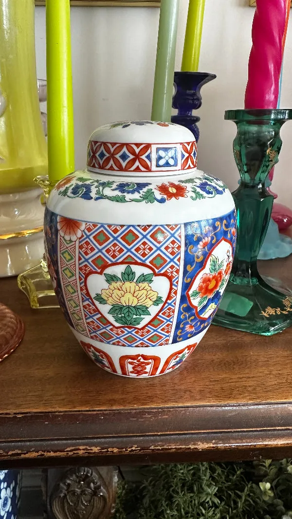 Vintage Ginger Jar, Imari Style, Maroon, Green, Blue, Yellow on White Background, Japan,