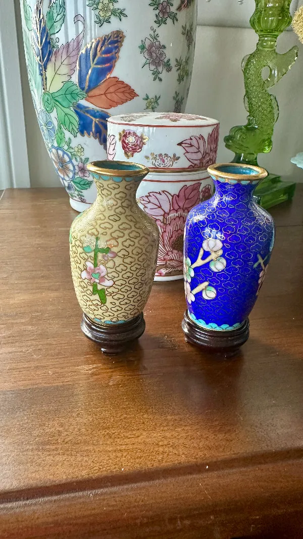 Vintage Mini Cloisonne' Vase with Stand, Blue Floral, Brass Trim or Tan with Pink and Green Flowers, Brass Trim