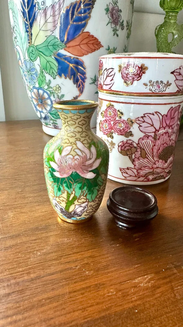 Vintage Mini Cloisonne' Vase with Stand, Blue Floral, Brass Trim or Tan with Pink and Green Flowers, Brass Trim