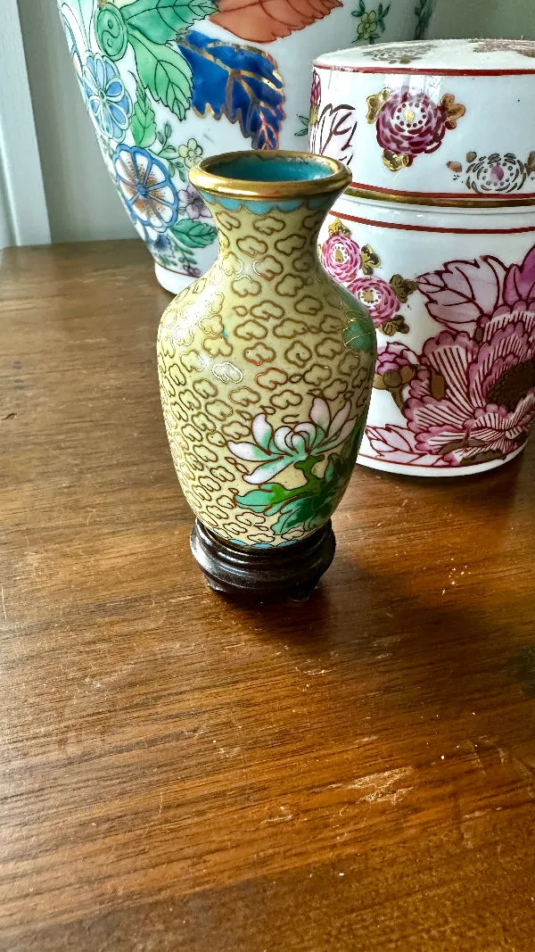 Vintage Mini Cloisonne' Vase with Stand, Blue Floral, Brass Trim or Tan with Pink and Green Flowers, Brass Trim