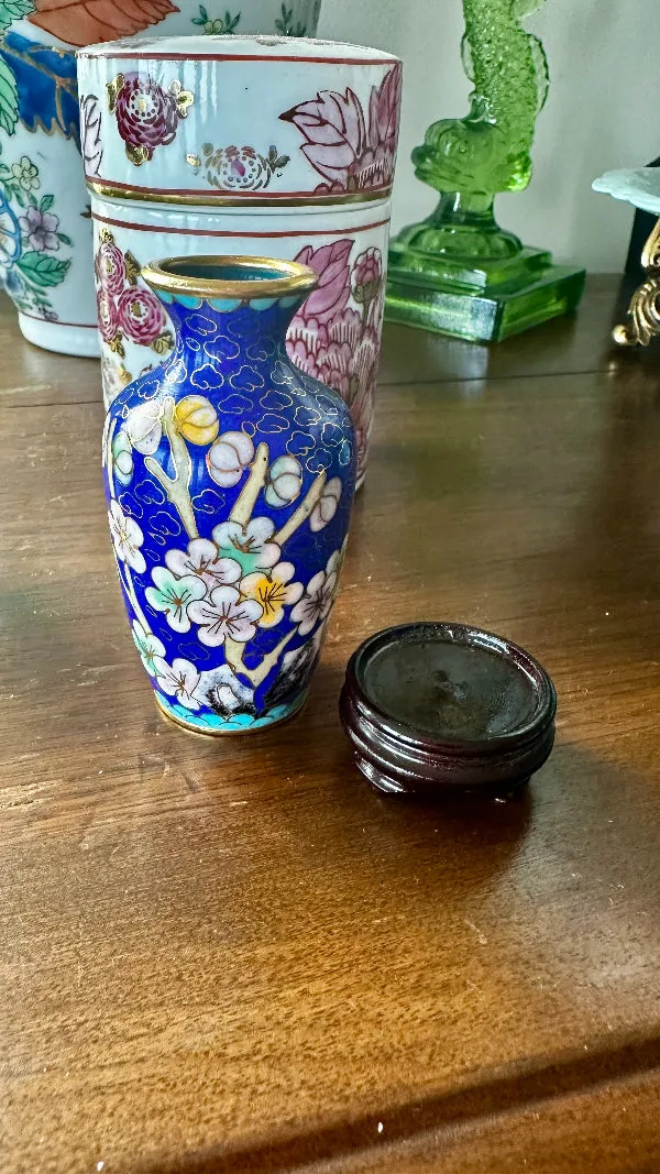 Vintage Mini Cloisonne' Vase with Stand, Blue Floral, Brass Trim or Tan with Pink and Green Flowers, Brass Trim