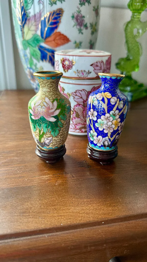 Vintage Mini Cloisonne' Vase with Stand, Blue Floral, Brass Trim or Tan with Pink and Green Flowers, Brass Trim