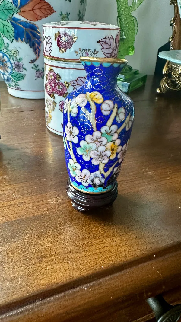 Vintage Mini Cloisonne' Vase with Stand, Blue Floral, Brass Trim or Tan with Pink and Green Flowers, Brass Trim