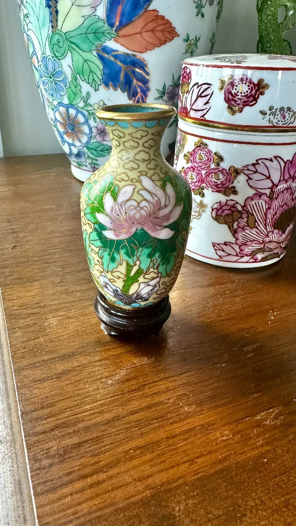 Vintage Mini Cloisonne' Vase with Stand, Blue Floral, Brass Trim or Tan with Pink and Green Flowers, Brass Trim