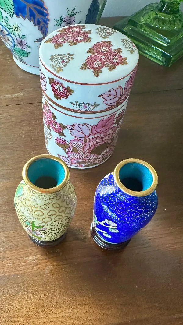 Vintage Mini Cloisonne' Vase with Stand, Blue Floral, Brass Trim or Tan with Pink and Green Flowers, Brass Trim