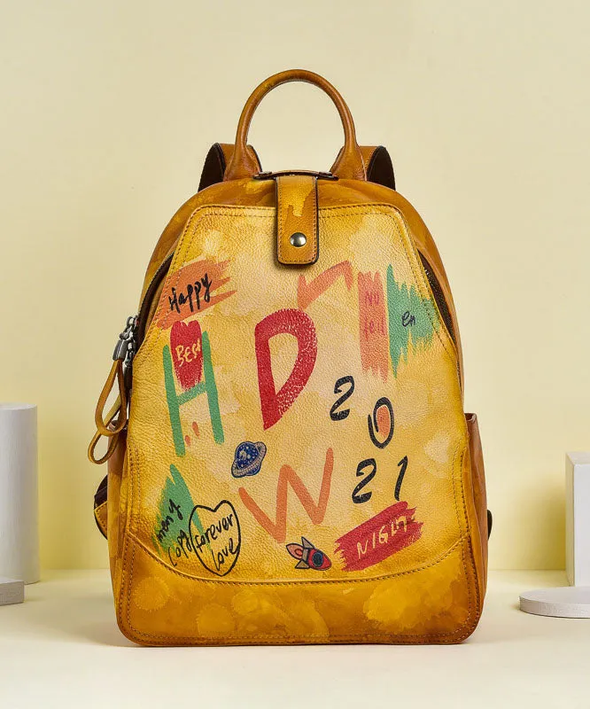 Women Yellow Graffiti Paitings Calf Leather Backpack Bag