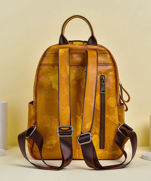 Women Yellow Graffiti Paitings Calf Leather Backpack Bag